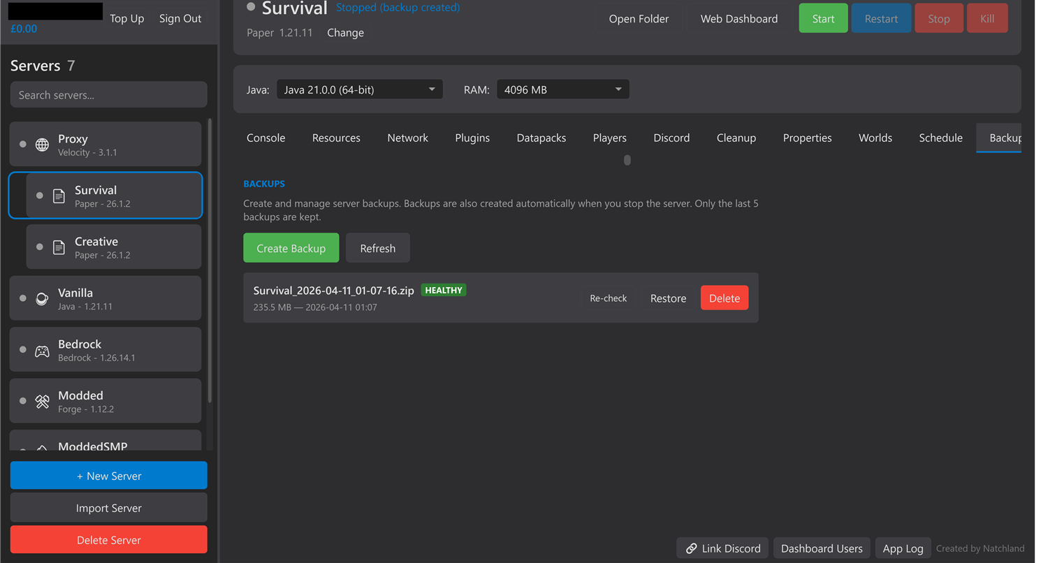 Automatic server backups with health status