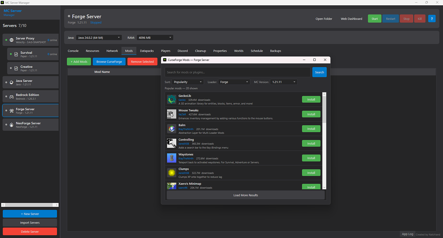 Built-in CurseForge browser for mods and plugins