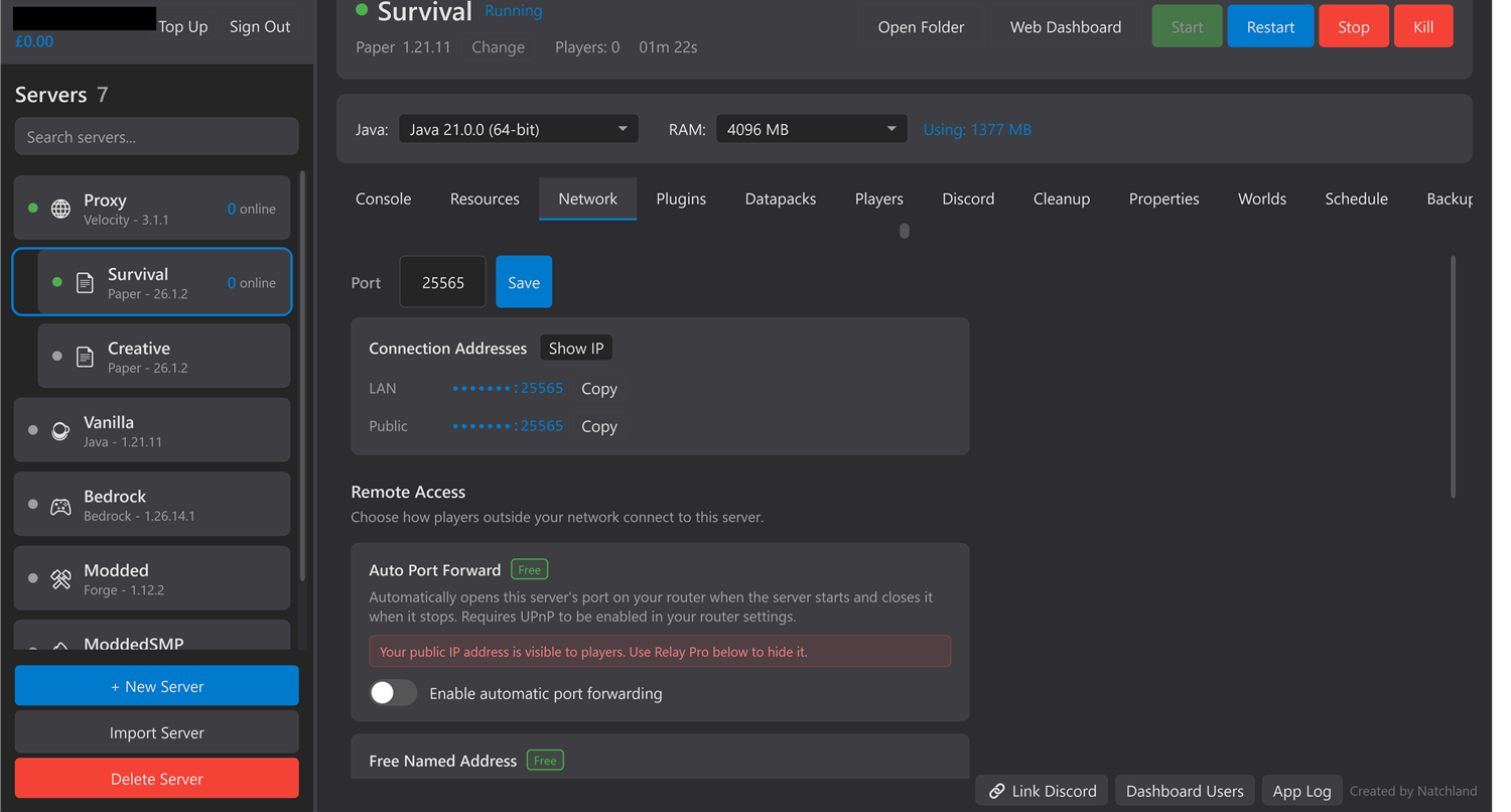 Network tab with auto port forwarding and named address