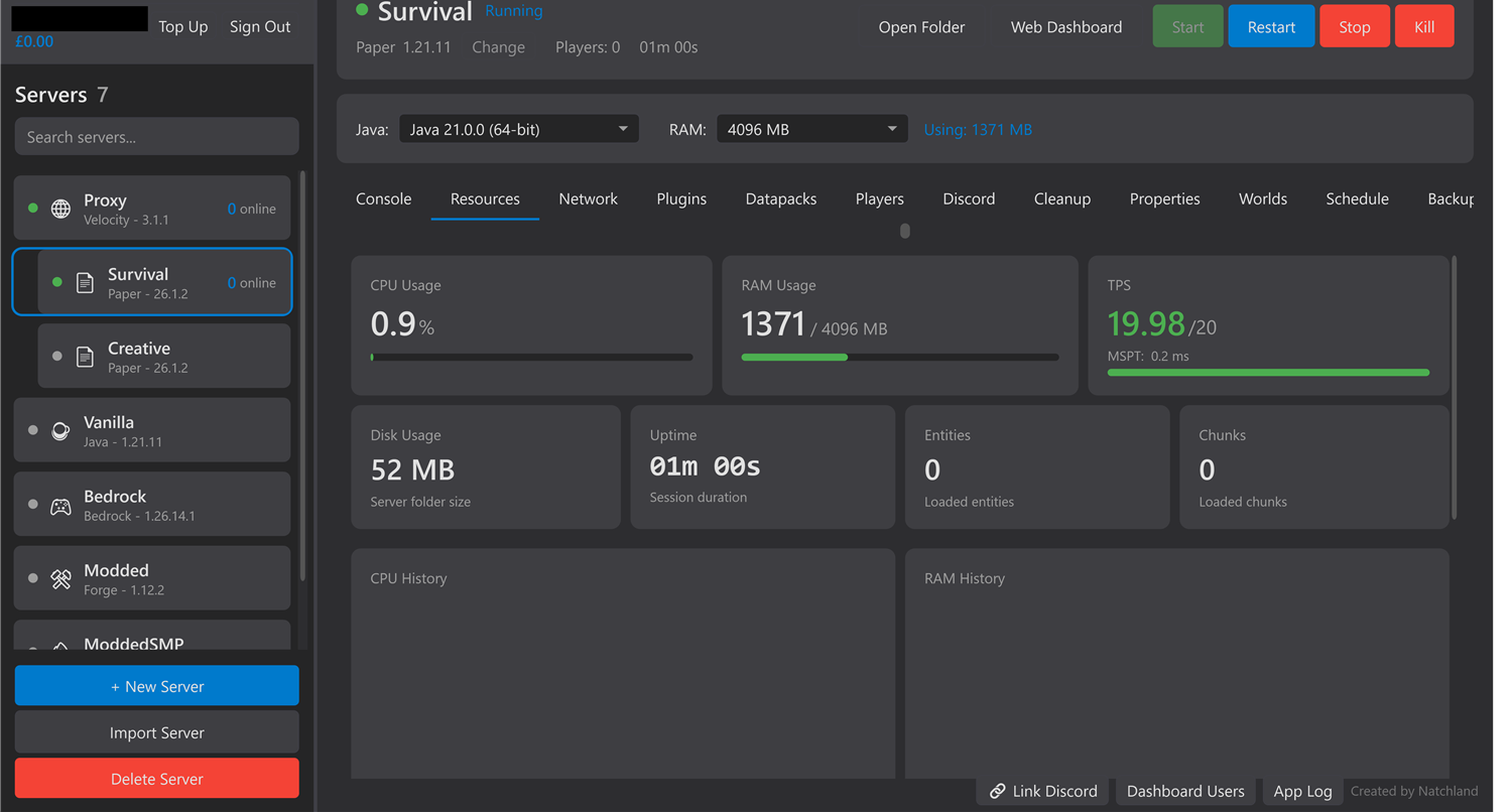 Real-time resource monitoring — CPU, RAM, TPS, and MSPT