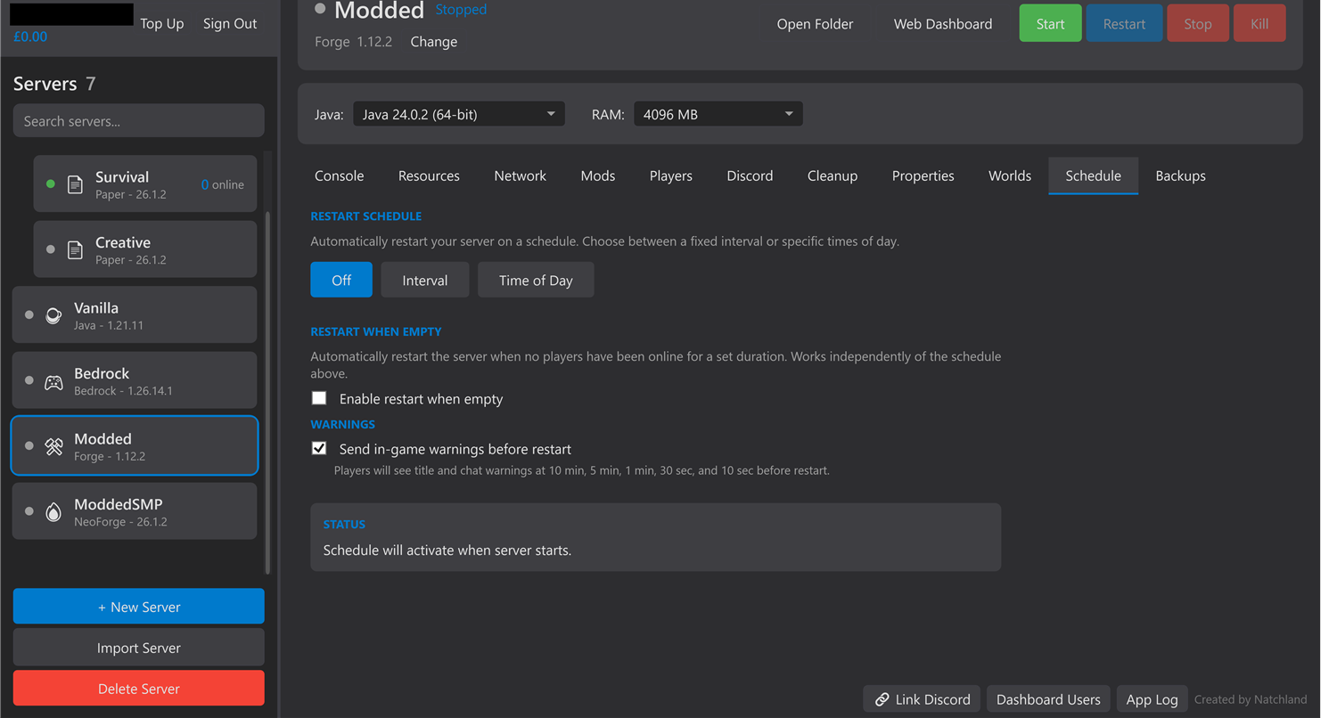 Scheduled restarts with interval and time of day options