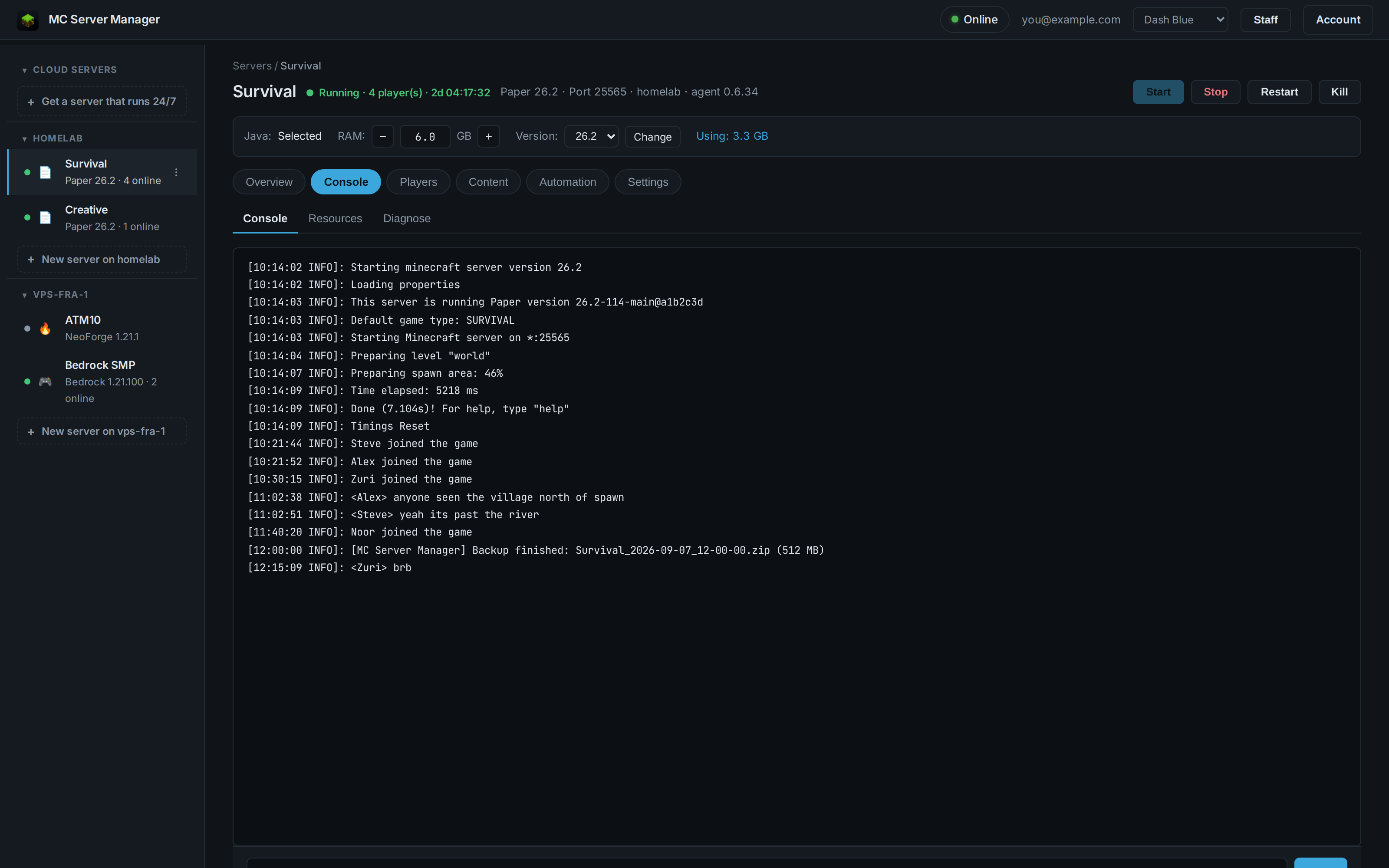 Live console for a Paper server running on a Linux machine