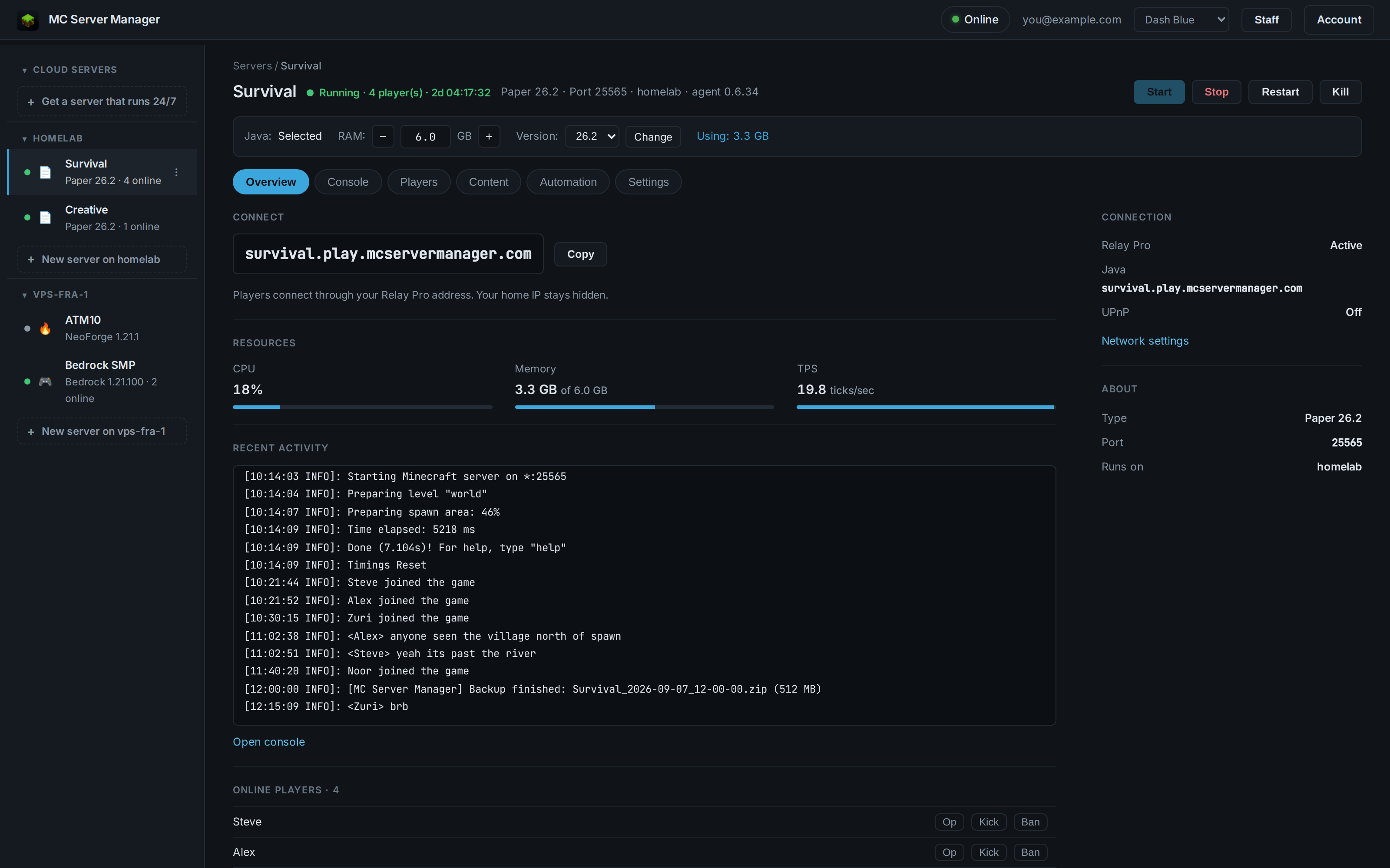 The web dashboard with two Linux machines in the sidebar, homelab and vps-fra-1, and the Survival server's overview showing its relay address, CPU, memory and TPS