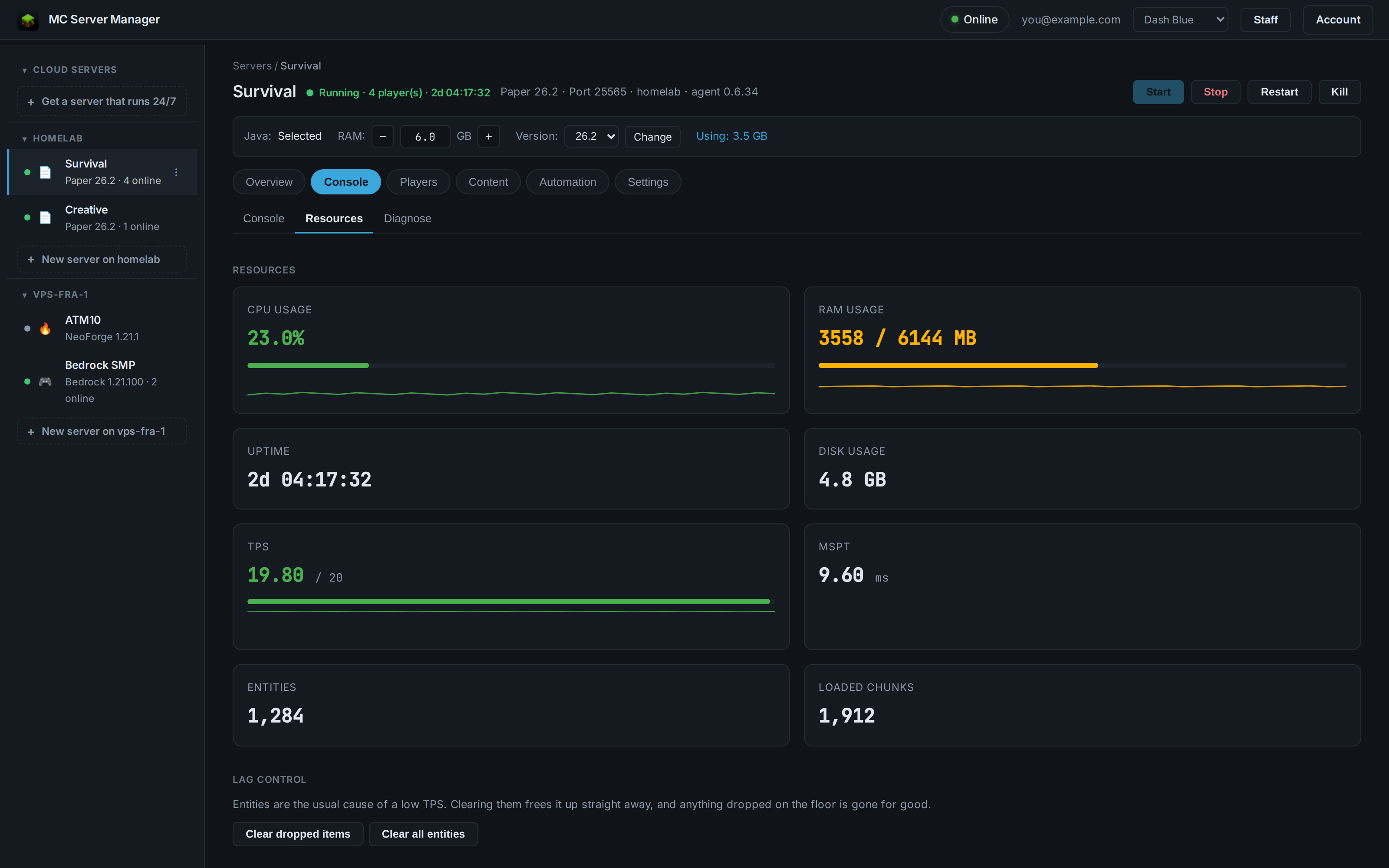 Resources tab with CPU, RAM, TPS, MSPT, entity and chunk counts for a server on a Linux machine